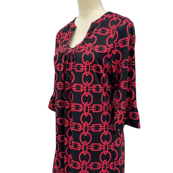 Aryeh Black & Red Geometric Chain Print 3/4 Flounce Sleeve Mini Shift Dress - Picture 8 of 12
